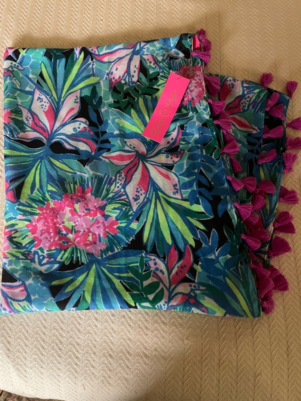 Lilly Pulitzer Pink, Blue & Green Tropical Scarf with Tassel Trim